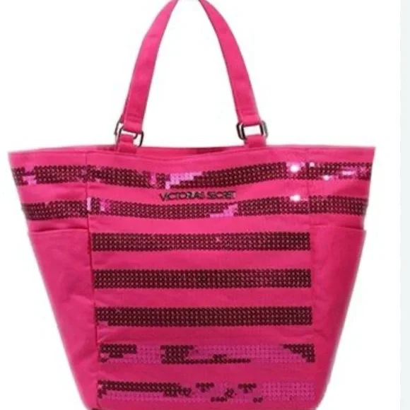Victoria Secret Hot Pink Sequin Tote Canvas Striped Overnight Shoulder Bag New - Picture 1 of 14